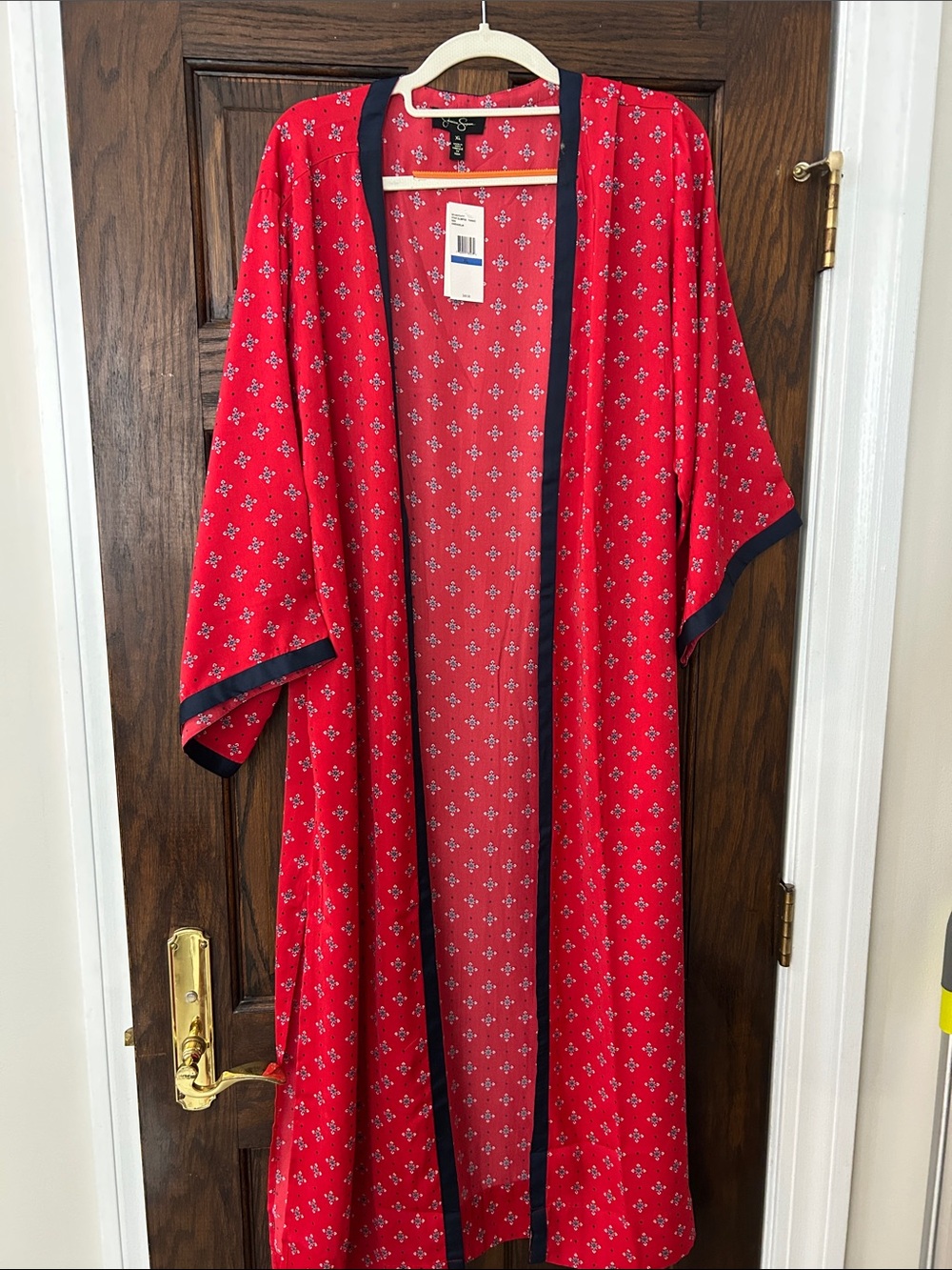 Jessica Simpson Red Floral-Print Kimono Robe with Navy Trim